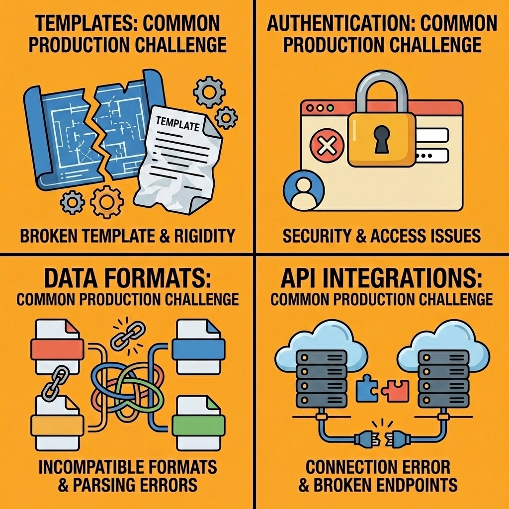 Four-box grid displaying common production challenges including templates, authentication, data formats, and API integrations